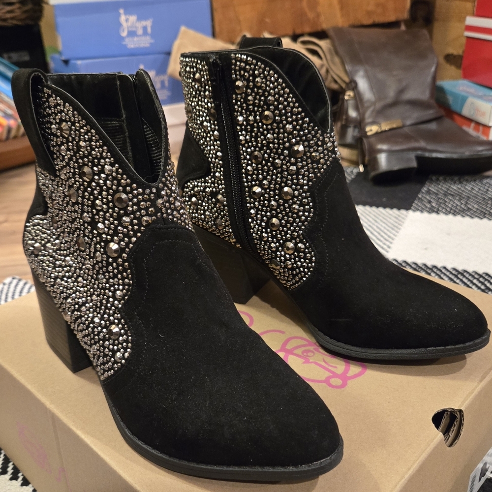 Sugar Black Micro Stone Studded Ankle Boots, 6M